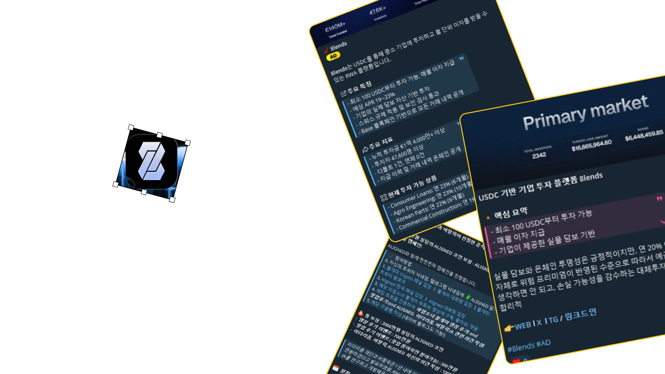 8lends campaign collage: Korean Telegram channel posts, the 8lends primary market dashboard and the 8lends logo