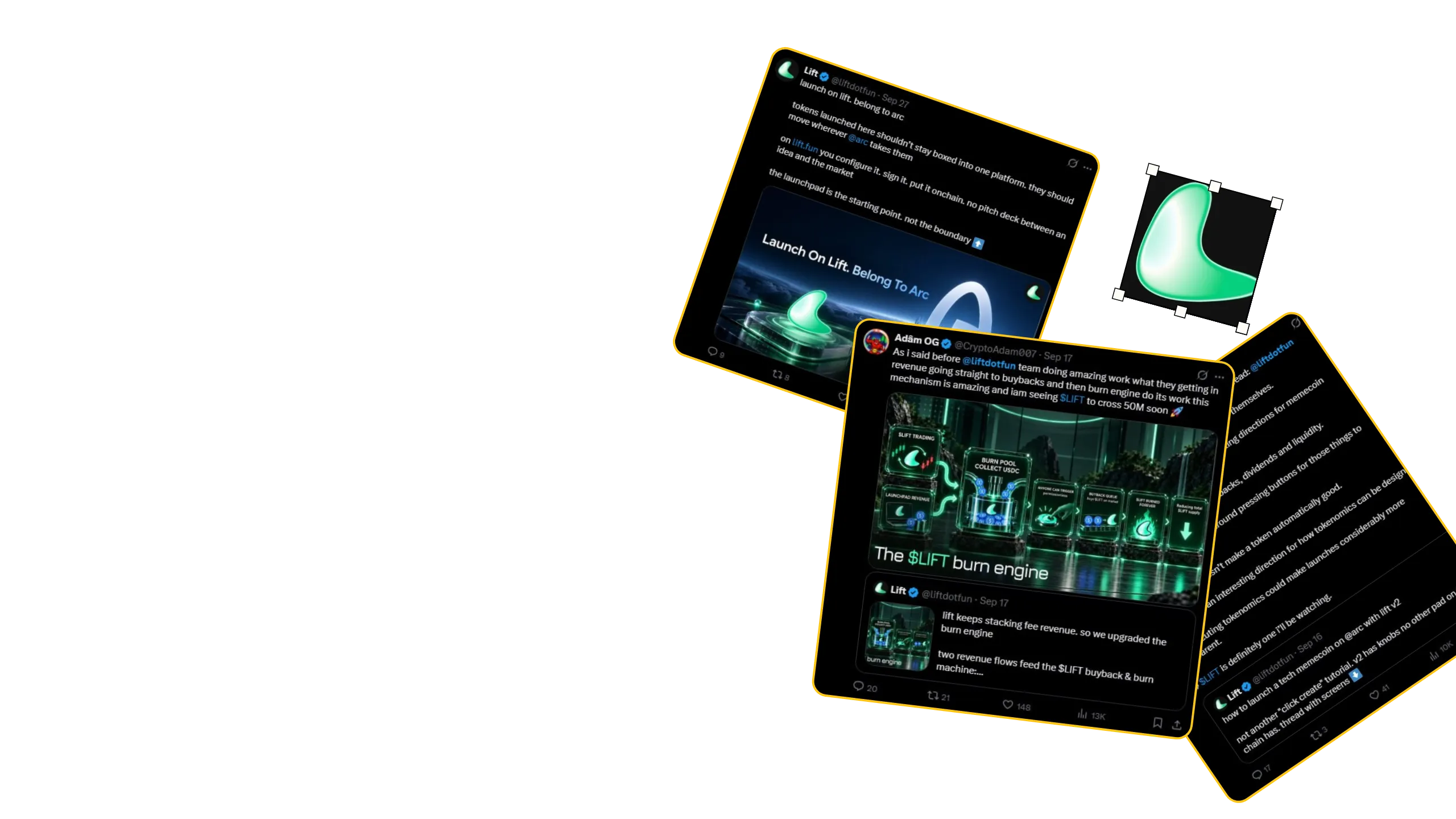 Lift campaign collage: Lift launch posts on X and the Lift logo