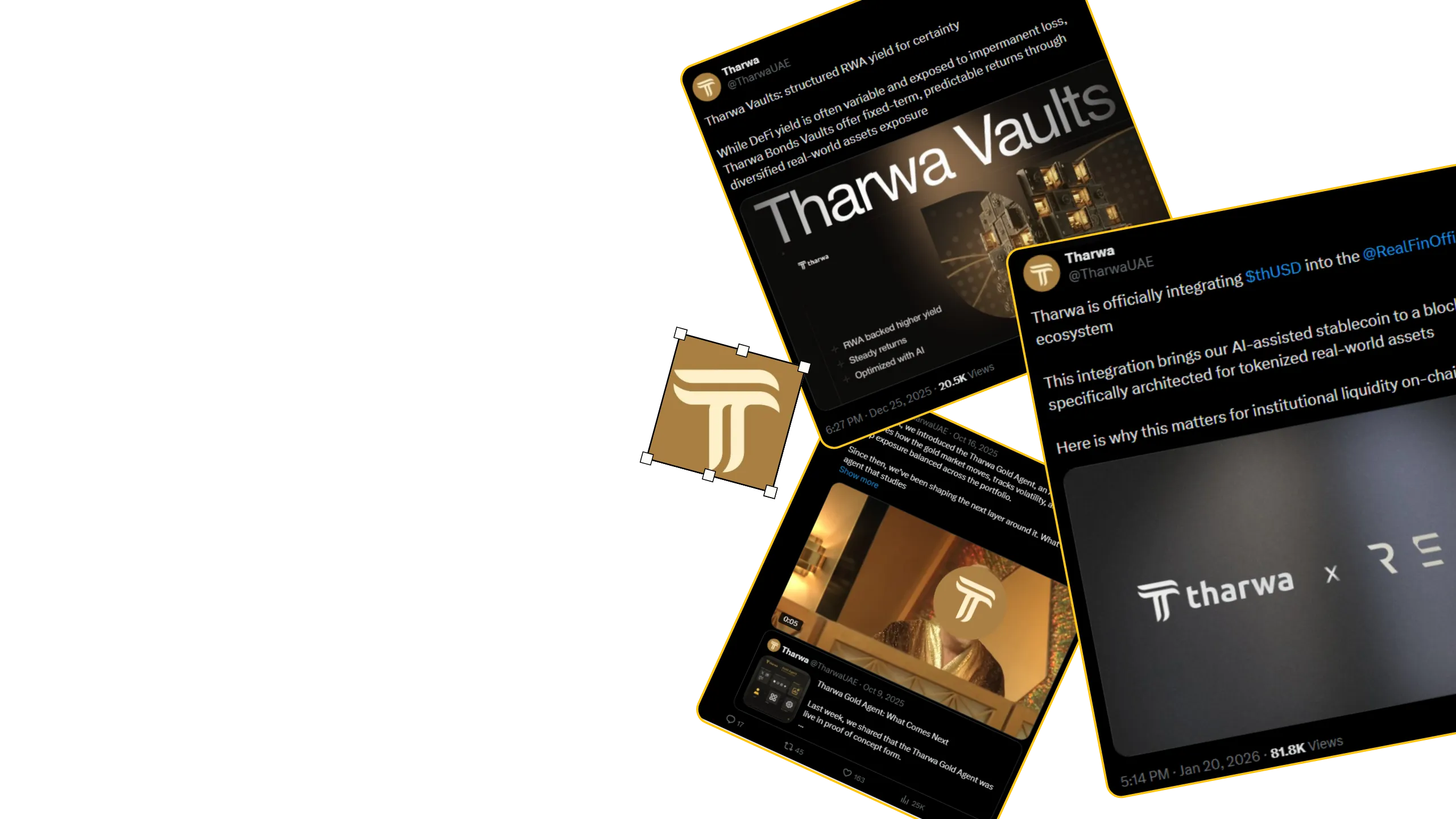 Tharwa campaign collage: posts from the Tharwa X account and the Tharwa logo