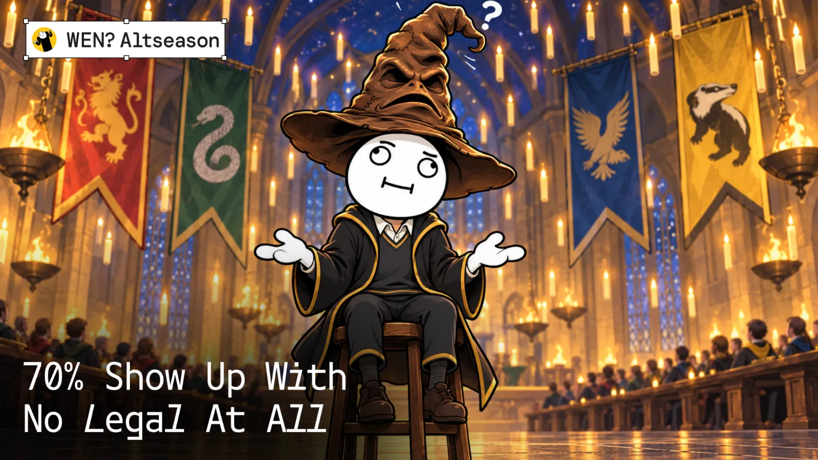 Confused mascot under the sorting hat in a great hall