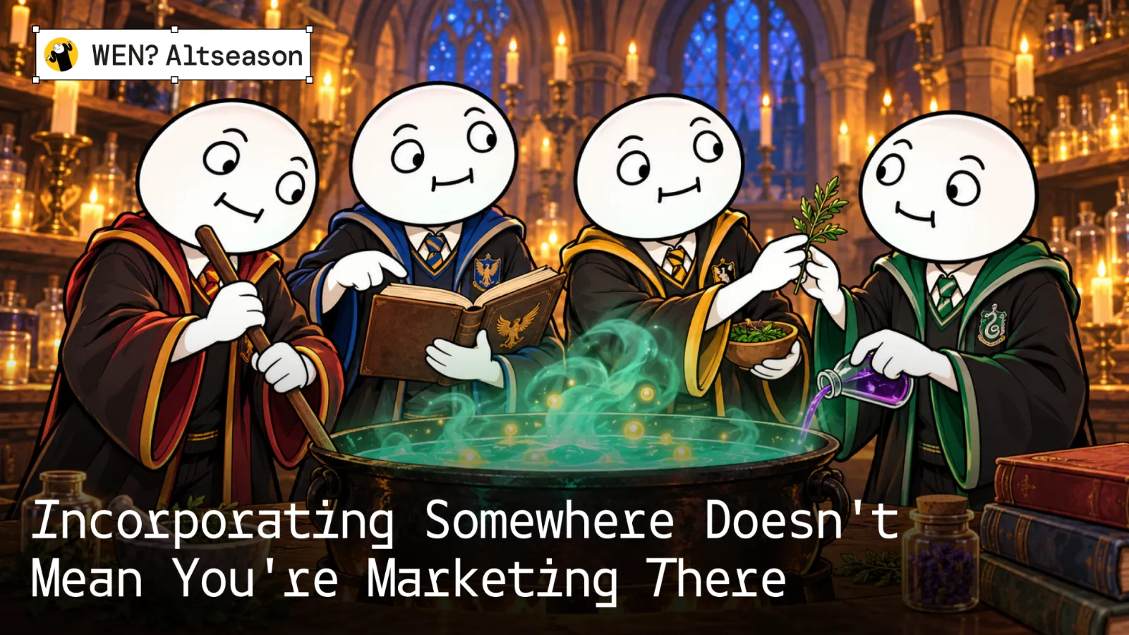 Four mascots brewing a potion over a cauldron