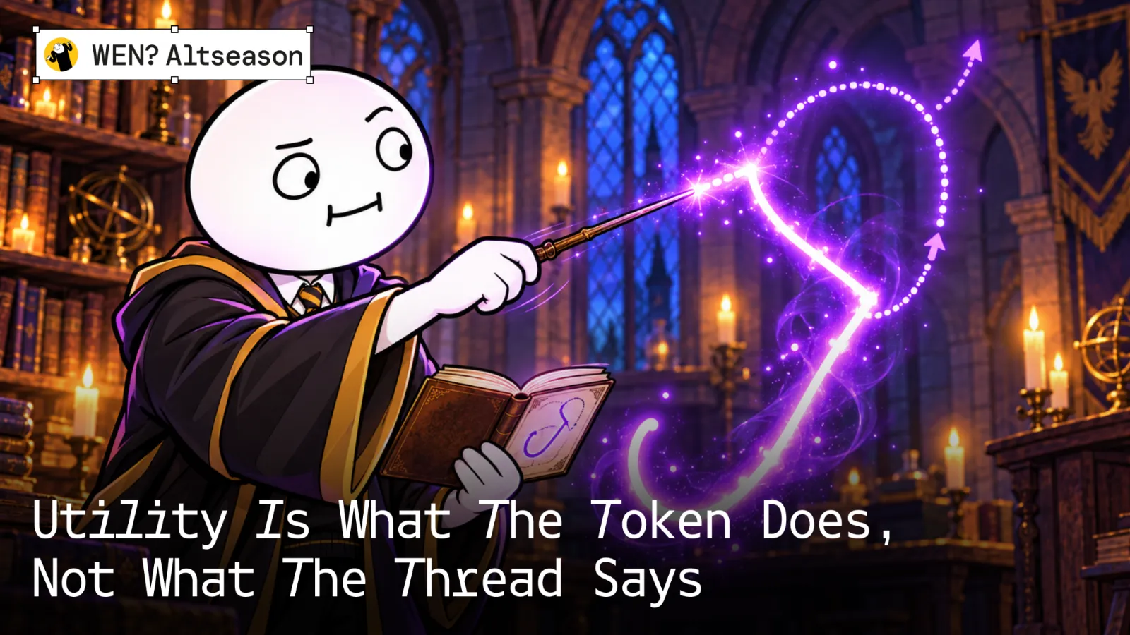Mascot drawing a glowing price chart with a wand