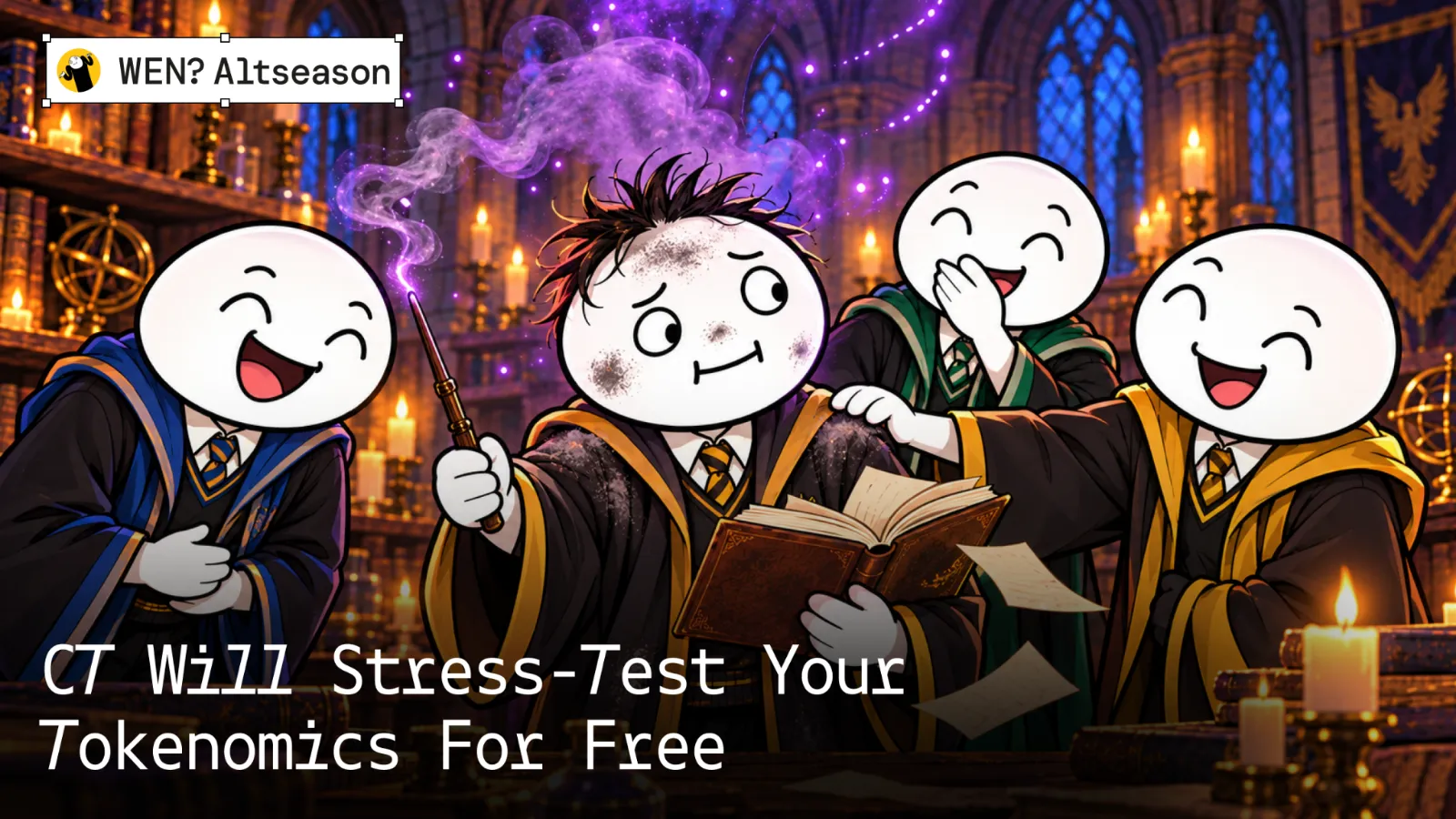 Mascots laughing at a singed classmate after a failed spell