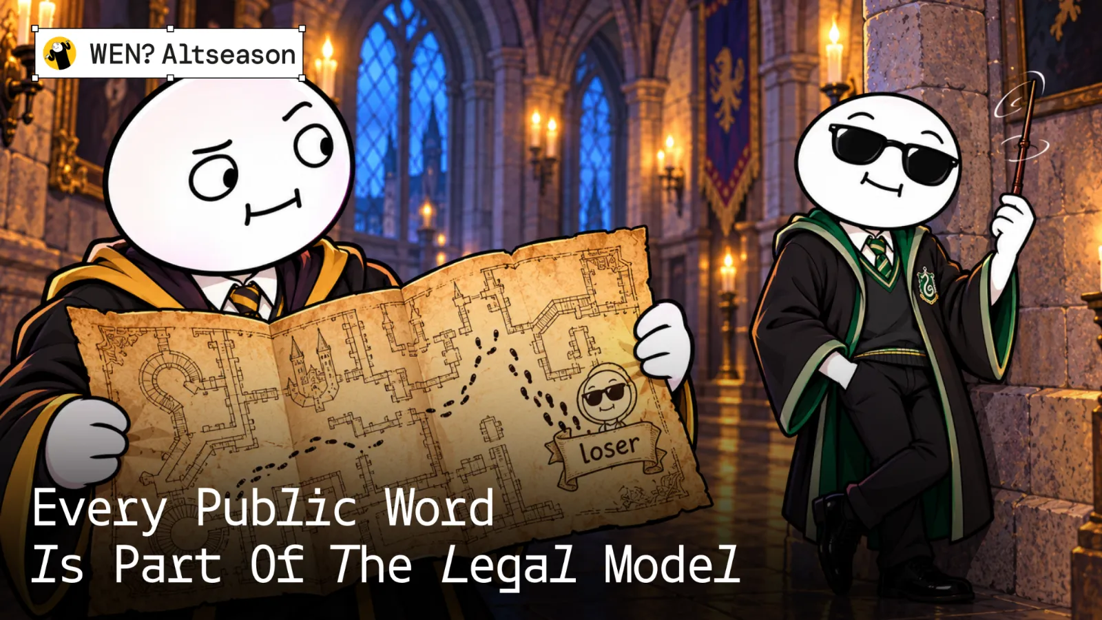 Mascot reading a magical map while another in sunglasses watches