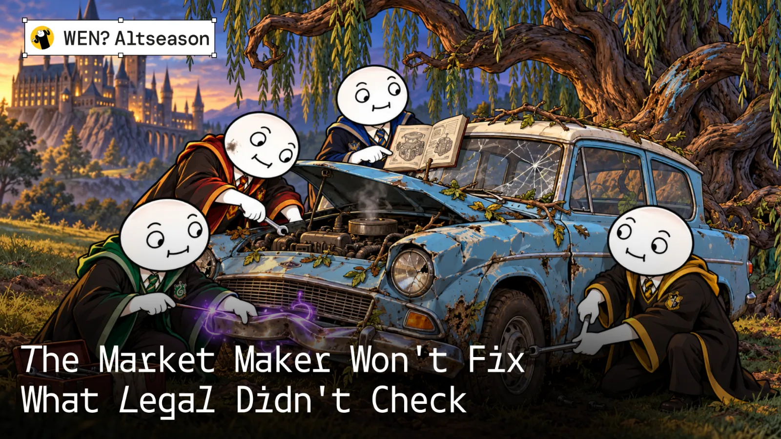 Mascots repairing a wrecked flying car in a forest