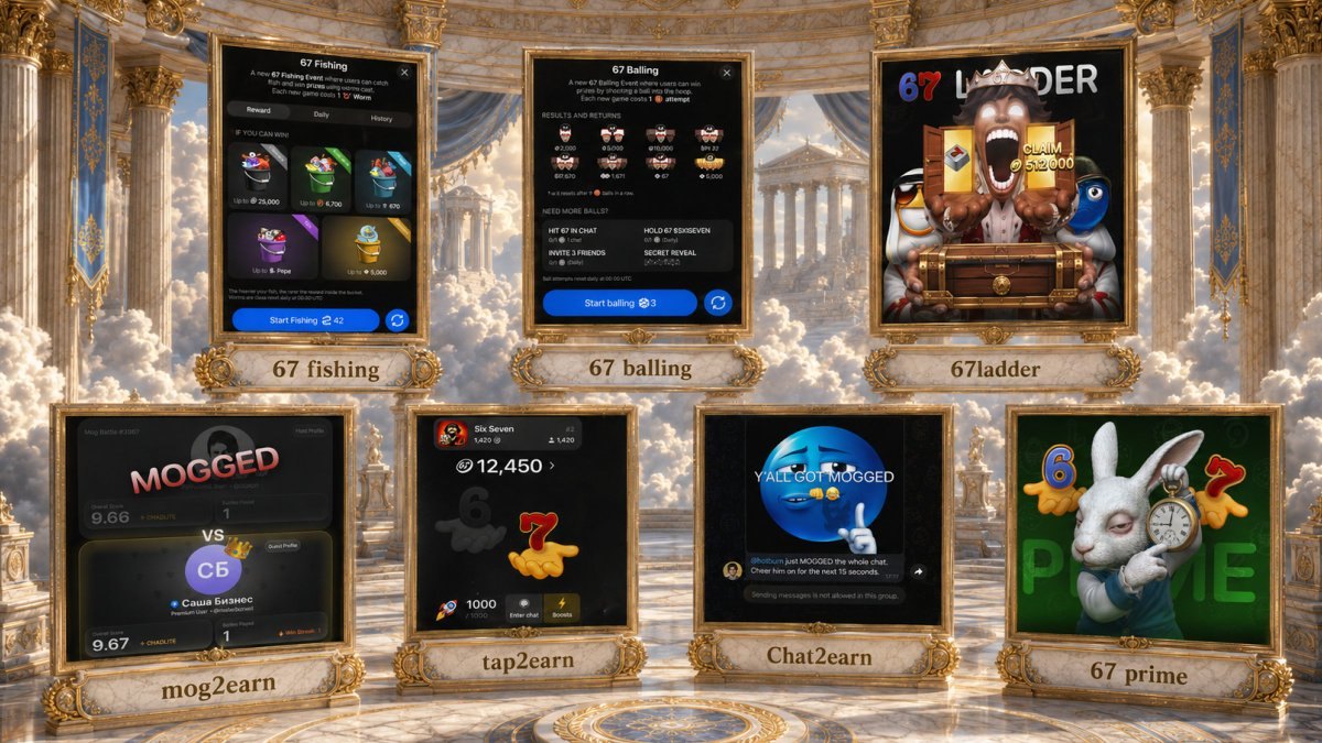 $67 app events: 67 Fishing, 67 Balling, 67 Ladder, Mog2Earn, Tap2Earn, Chat2Earn, 67 Prime