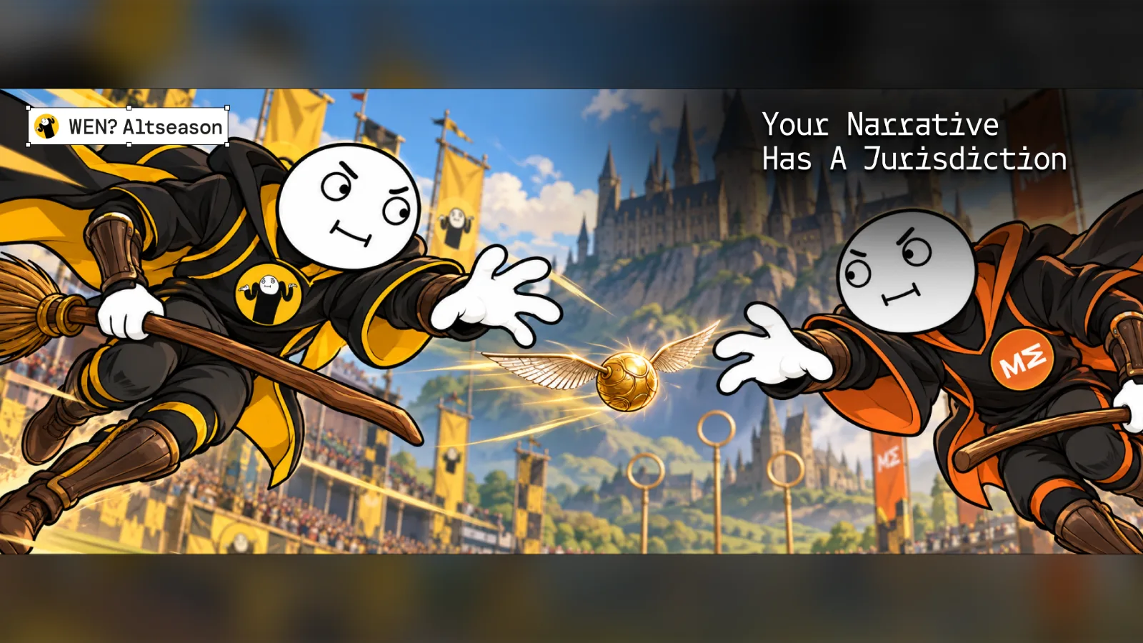 Two wizard mascots, WenAltSeason and Medici Expert, racing for a golden ball